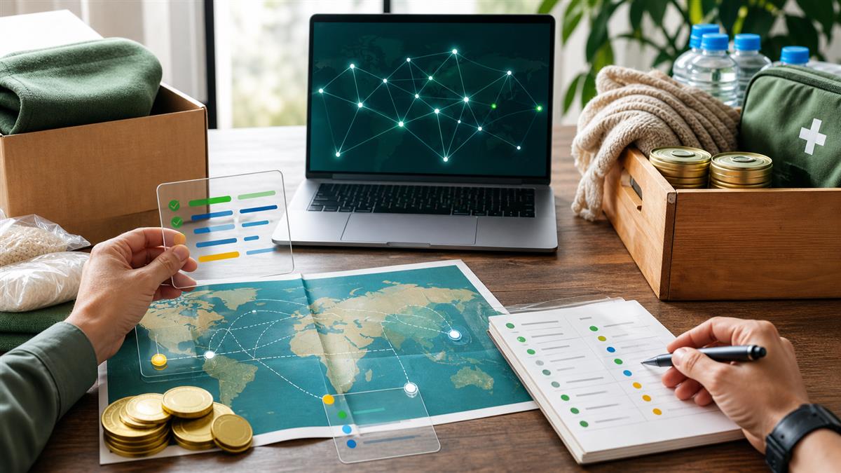 A transparent giving workflow connecting crypto donors, stablecoins, and humanitarian aid reporting